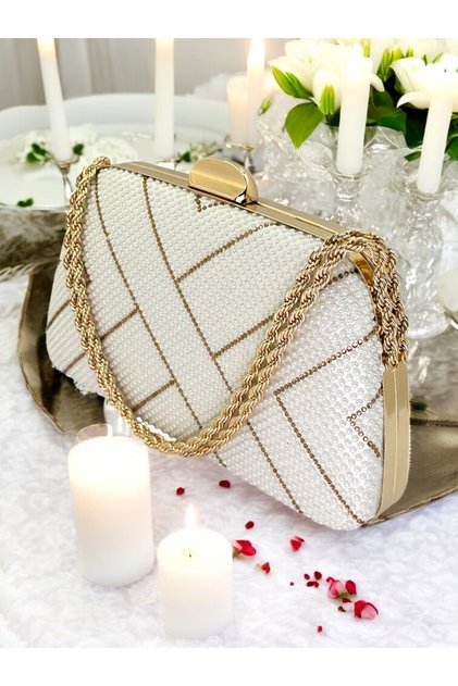 Sedef Ecru Gold Color Pearl Chain Handle Women's Evening Dress Bag Graduation Wedding Engagement