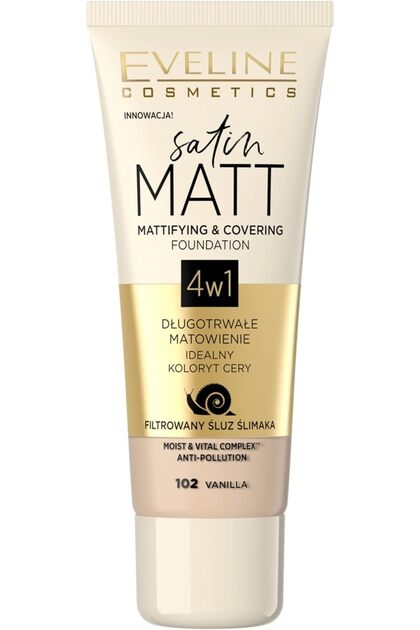 Eveline Cosmetics Satin Matt Foundation - For Mattifying & Full Coverage, 102 Vanilla, 30 Ml
