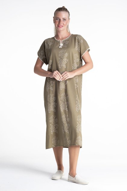 Short Sleeve Sile Fabric Printed Lily Pattern Midi Length Summer Dress Khaki Hk