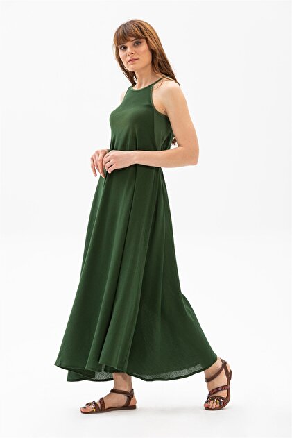 Eli ile Bezi Strappy Sile Cloth Sima Long Summer Dress Green Ysl- Trendyol