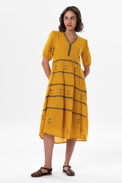 Short Sleeve Voile Embroidered V-Neck Reyhan Long Summer Authentic Dress Mustard Hrd