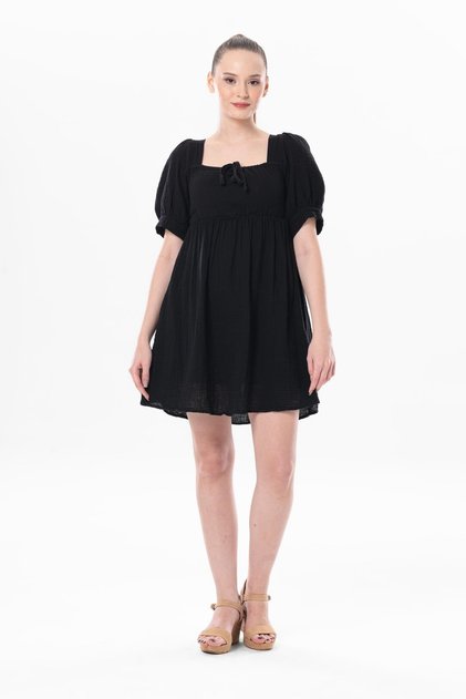 Short Sleeve Lara Square Collar Lacing Detailed Summer Muslin Dress Black Black