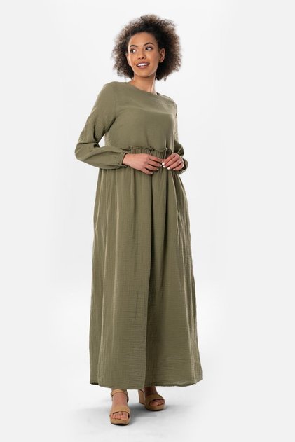 Long Sleeve Oylum Robe Long Summer Muslin Dress Khaki Hk