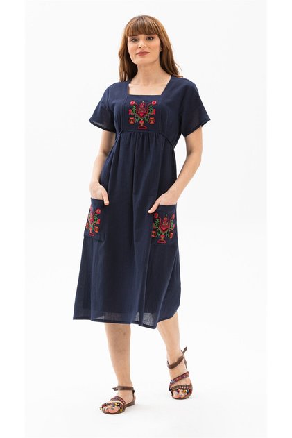 Short Sleeve Sile Fabric Plus Size Melek Midi Length Summer Dress Navy Blue Lcvt