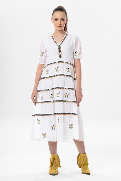 Short Sleeve Voile Embroidered V-Neck Reyhan Long Summer Authentic Dress White Byz