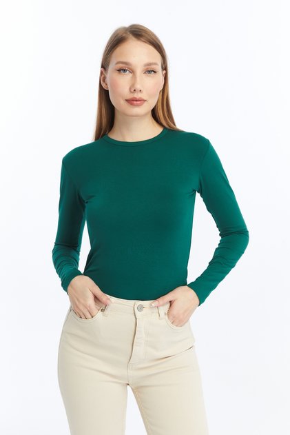 Women's Emerald Round Neck Long Sleeve Blouse