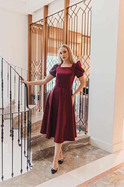 ASLIHANGNER Women's Burgundy Square Neck Puff Sleeve Midi Amara Dress- Trendyol ASLIHANGNER Women's Burgundy Square Neck Puff Sleeve Midi Amara Dress- Trendyol