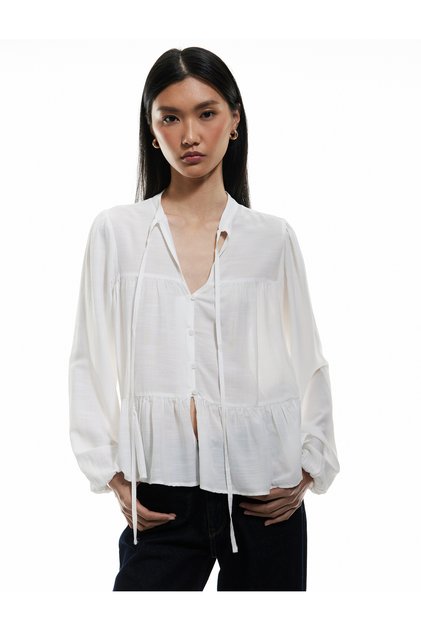 Viscose Lacing Detailed Mandarin Collar Long Sleeve Buttoned Blouse