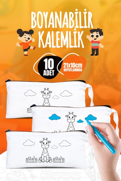 Sevimli Zürafa Boyanabilir Bez Kalemlik - 10 Adet - 21x10 cm Boyutlarında - Eğlenceli Boyama Seti