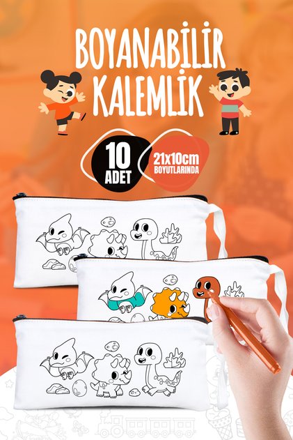 Dinozor Desenli Boyanabilir Bez Kalemlik - 21x10 cm - 10 Adet - Okul Öncesi Boyama Aktivite Çantası