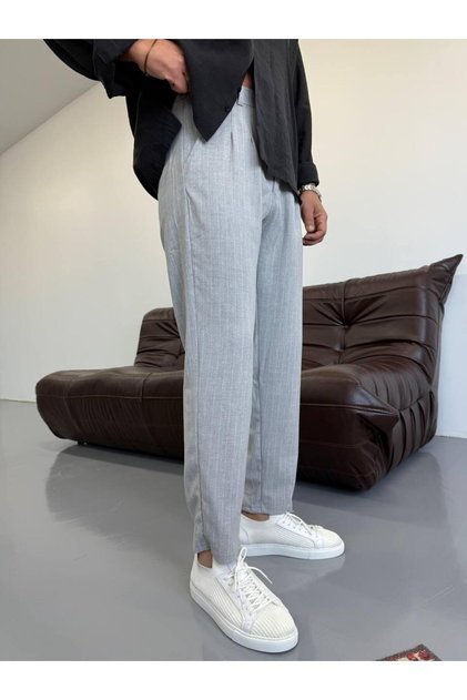 Men's Gray Boyfriend Striped Fabric Pants