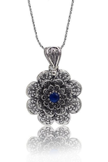 Safir Taşlı Çiçek Model Oksitli Telkari Kadın Gümüş Kolye 201023919