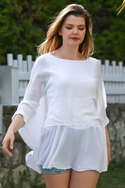 White Pool Collar Bat Sleeve Thin Lined Double Layer Casual Oversize Woven Blouse 75 85