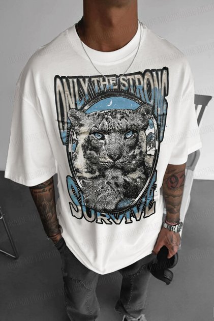 Men's Ecru White Survive Oversize Fit Loose Wide Fit Loose Cut T-Shirt