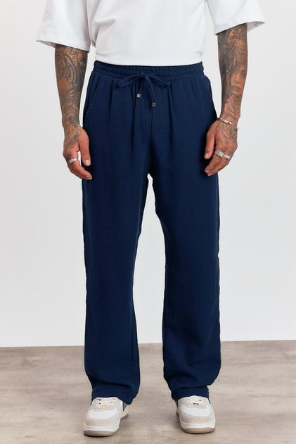 Men's Premium Summer Elastic Waist 100% Cotton Navy Blue Woven Trousers Ls-23100