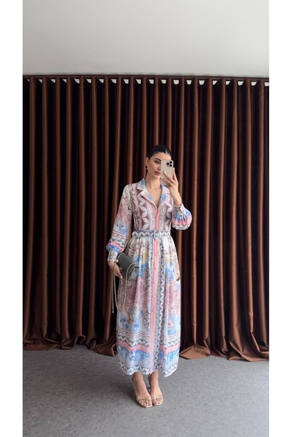 Vintage Map Patterned Belted Shirt Dress