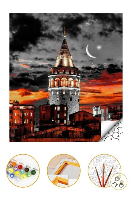 Sayılarla Boyama Hobi Seti "boyalar Ve Fırçalar Dahil Çerçeveli 40x50 Cm Galata Kulesi