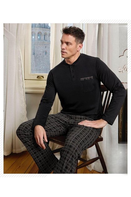 Erkek Düğme Yaka Uzun Kol Mevsimlik Pijama Takımı 6800/14 - 1 Adet