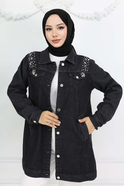 Pearl Detailed Denim Jacket Black 7807