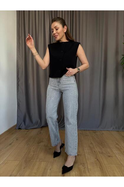 Gri Geometrik Taşlı Jean