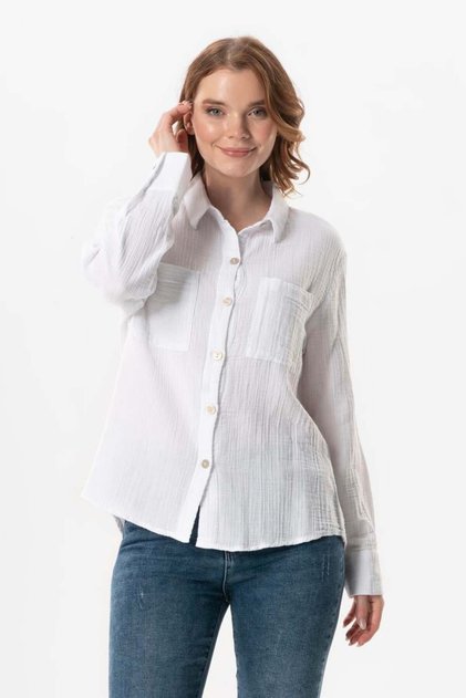 Long Sleeve Sign Pocket Detailed Muslin Summer Shirt White Byz