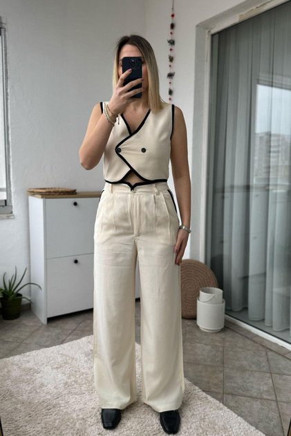Linen Textured Beige Vest Trousers Suit