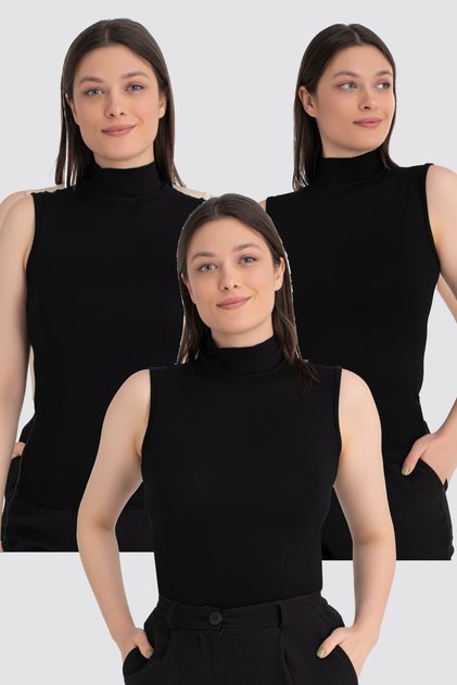 Women's Black Turtleneck Sleeveless Body 3 Pack