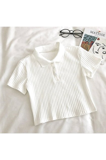 Polo Neck Ribbed Collar Buttoned Basic Knitwear Women's T-Shirt