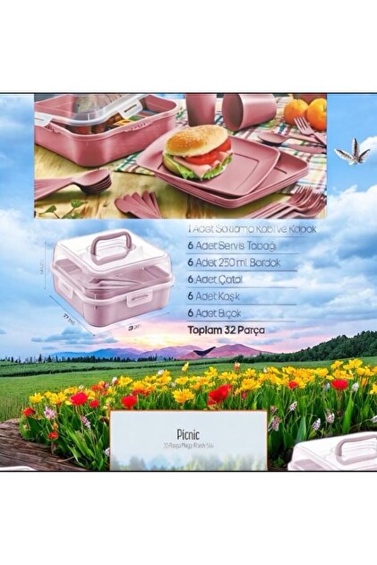 HOLLYHOME 32 Parça 6 Kişilik Çantalı Magic Piknik Seti Pudra Pembe