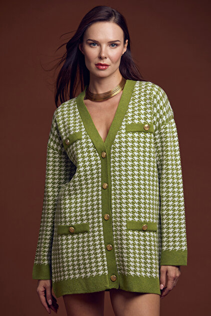 Houndstooth Motif Oversize Knitwear Jacket - Green