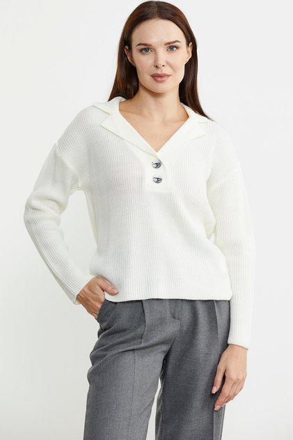 Shirt Collar Buttoned Thick Knit Sweater - Bone