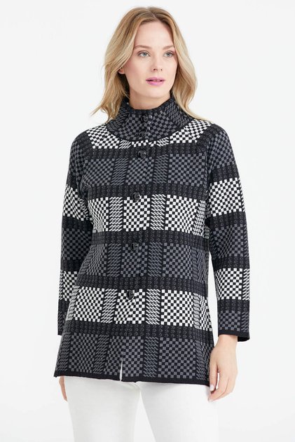 Stand Collar Buttoned Checkerboard Patterned Knitwear Cardigan - Black