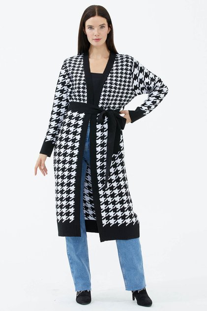 Houndstooth Patterned Long Belted Knitwear Cardigan Black