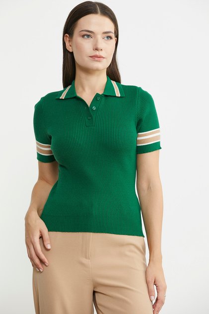 Polo Collar Buttoned Short Sleeve Knit Sweater - Green