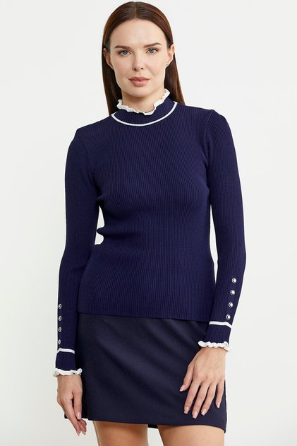 High Neck Knit Sweater with Button Detail on the Sleeve - Navy Blue