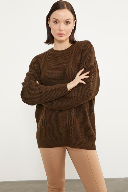 Honeycomb Knitted Crew Neck Knitwear Sweater - Brown