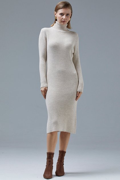 Full Fisherman Corded Midi Knitwear Dress - Stone