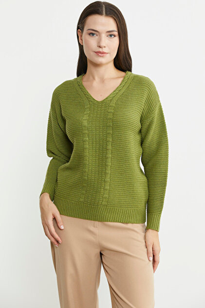 Motif Detailed V-Neck Wool Knitwear Sweater - Green