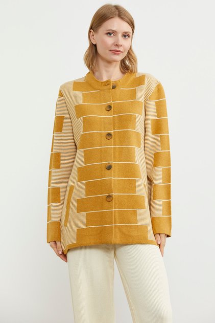 Thick Woolen Block Pattern Knitwear Jacket - Sun