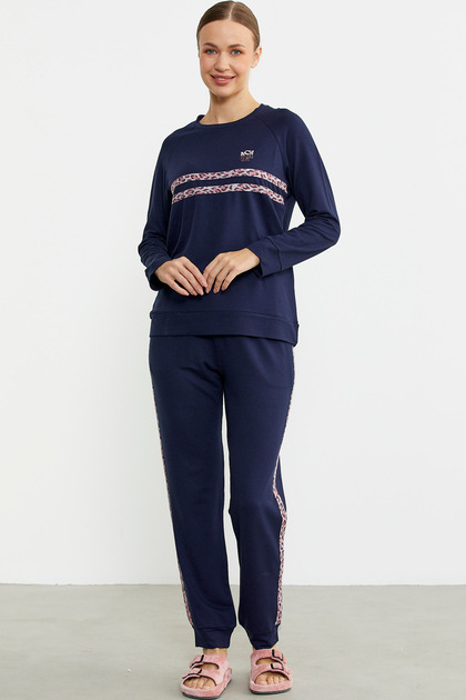 Sementa Leopard Striped Jogger Pajama Set Navy Blue- Trendyol