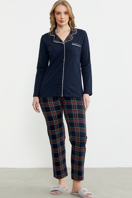 Shirt Model Plaid Pajama Set - Navy Blue