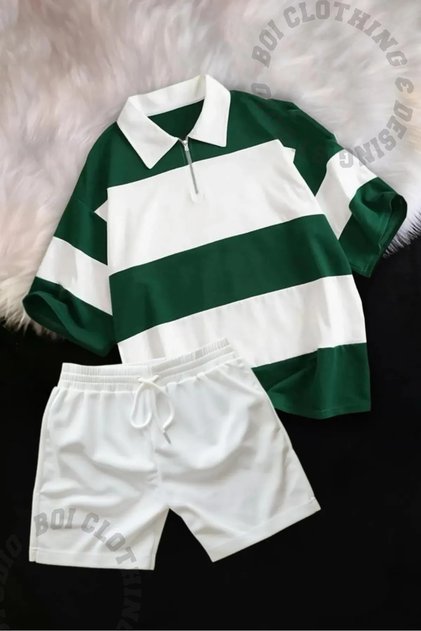 Unisex Polo Neck Half Zipper Casual Bottom-Top Polo T-Shirt Shorts Set -Women Men Oversize Set