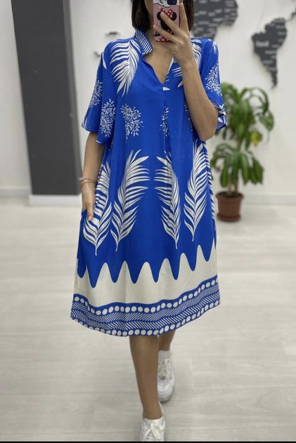 Women's Blue Placket Neckline Print Side Pocket Loose Relaxed Fit Short Sleeve Midi Dress