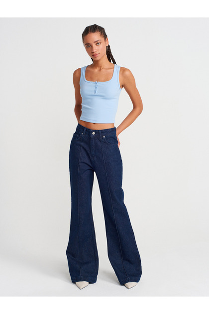 Dilvin 71807 Nervür Dikişli Flare Denim Pantolon-Lacivert - Fiyatı