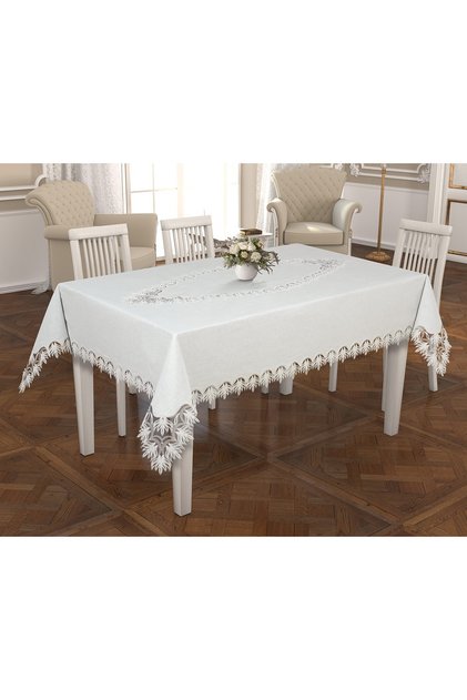 Tablecloth Samina Cream French Lace Stitched Seamless Stain-Resistant Fabric Tablecloth Dowry Box