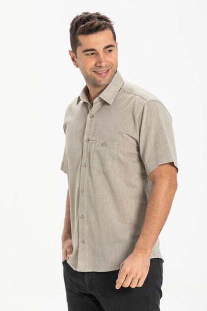Large Size Short Sleeve Sile Cloth Single Pocket Men's Shirt Stone 3031
