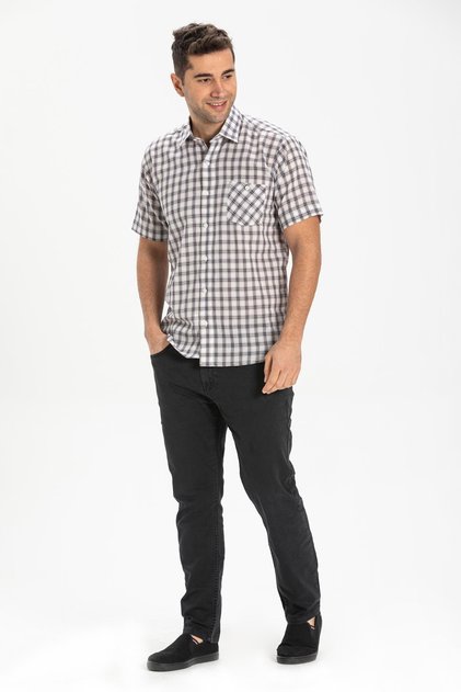 Short Sleeve Sile Cloth Single Pocket Men's Summer Shirt Smoke Plaid 3039