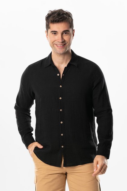 Long Sleeve Muslin Summer Men's Shirt Black Syh