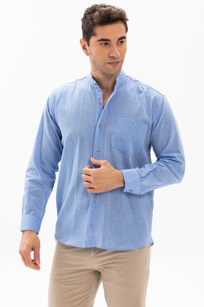 Long Sleeve Şile Fabric Judge Collar Single Pocket Men's Summer Shirt Blue 3032