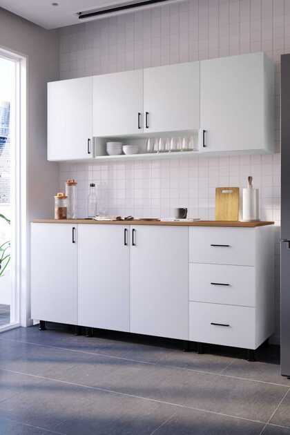 MOBİDEKO Azera Alt Üst Modül Mutfak Dolabi Çekmeceli 200 Cm Tezgah